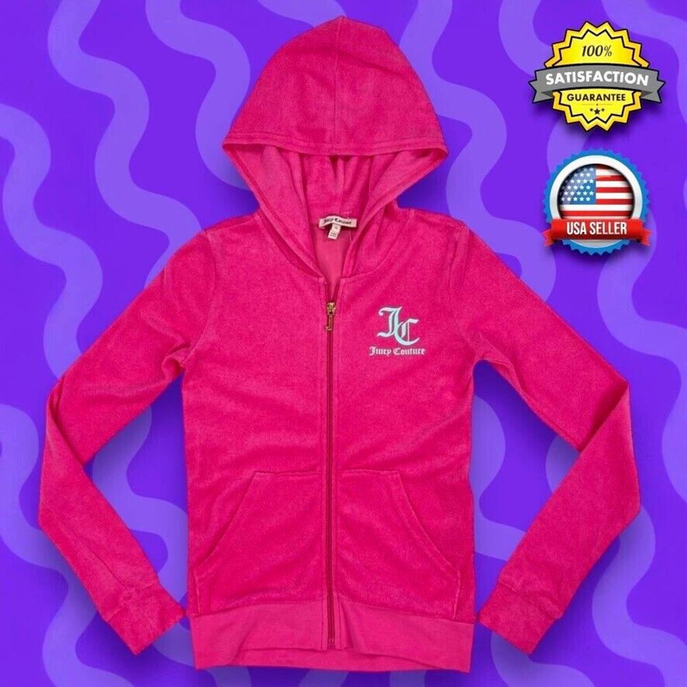 Juicy Couture Girls Pink Full Zip Hooded Jacket Size 12 Black Label Terry NWT